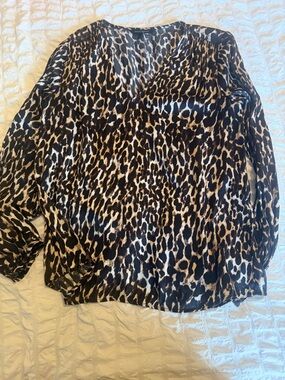 Banana Republic Leopard Print V-Neck Long Sleeve Blouse - Black, Brown, Cream